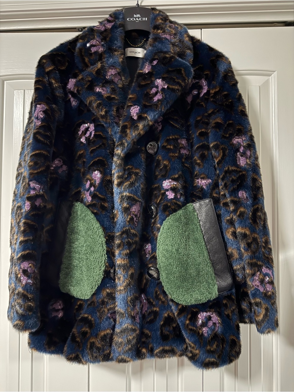 COACH Blue Leopard Faux Fur Pea Coat with Green Pocket Panels